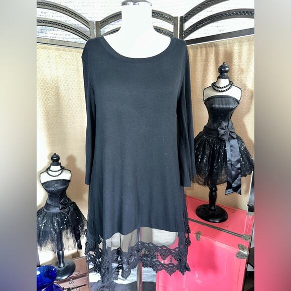 Origami Black Spandex Polyester Cotton Dress Lace Hemline Size Small - Picture 1 of 12